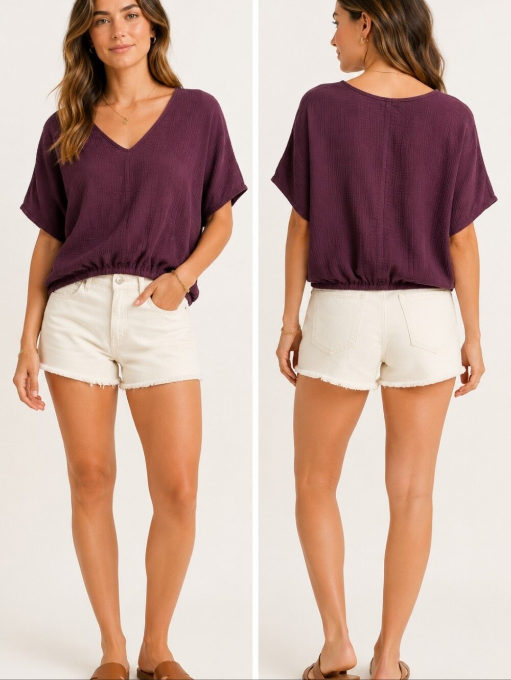 NWT SUUNDAY Plum Cotton Gauze Dolman V Neck Oversized Top Made in USA M